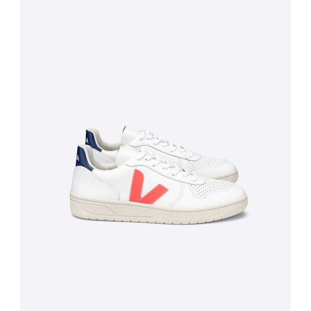 White/Orange/Blue Women\'s Veja V-10 LEATHER Sneakers | AU 646JPQ